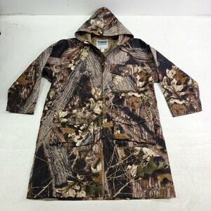 Vintage Hodgman Camo PVC‎ Rain Coat Jacket Men's Sz S Hooded Mossy Oak Breakup